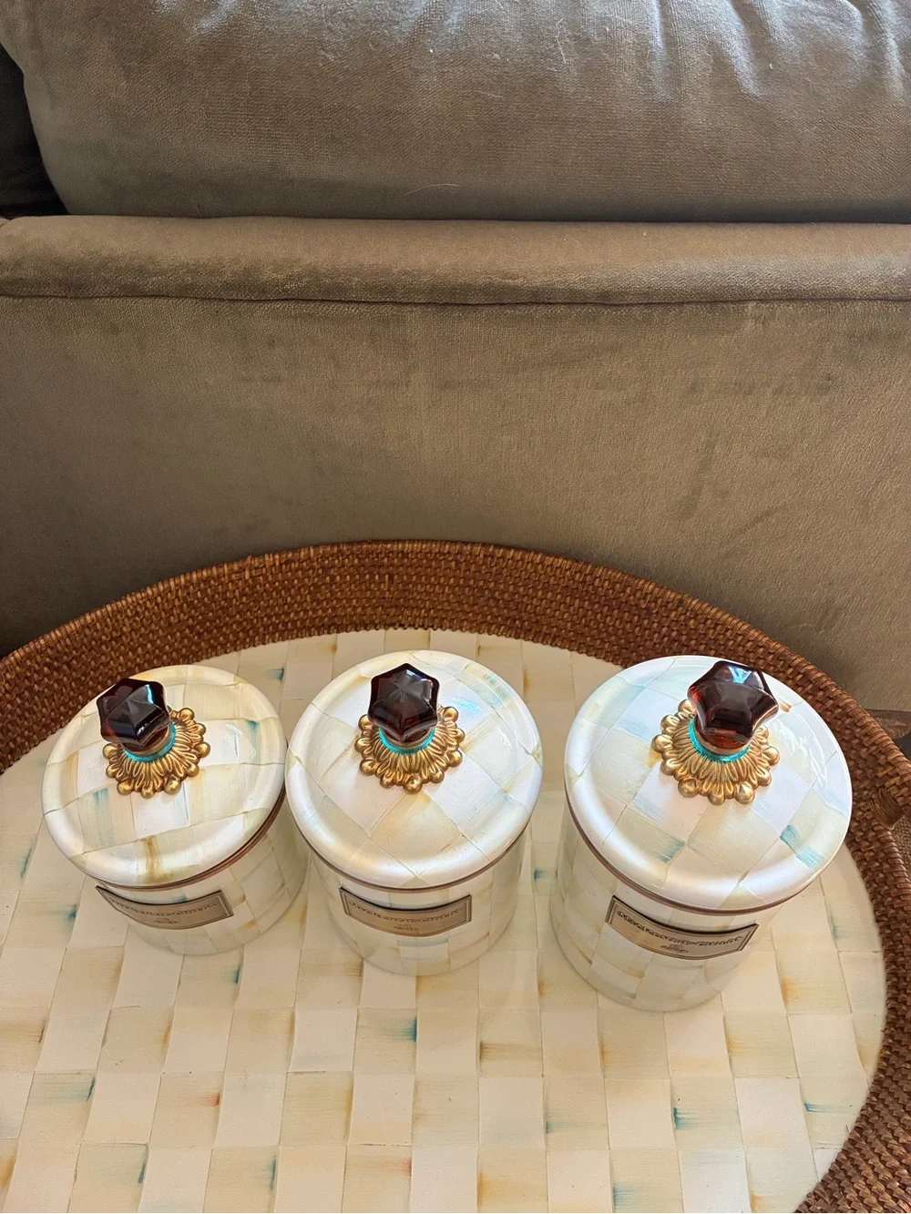 Original Mackenzie-Childs Parchment Check Canister Set with Amber Knobs 3 Piece
